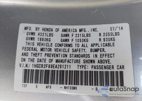 2014 Honda Accord Ex-L from USA, damaged, VIN 1HGCR2F89EA291211